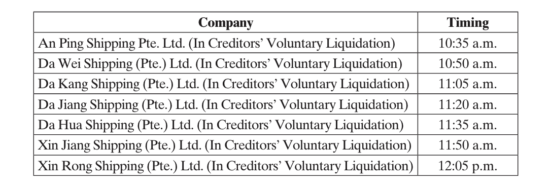 Singapore: Final meetings scheduled for An Ping Shipping and related companies 
